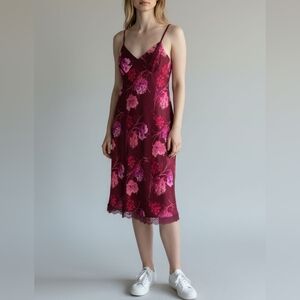 Vintage Express Y2K Slip Dress Womens 7/8 Burgundy Pink Floral Lace Babydoll